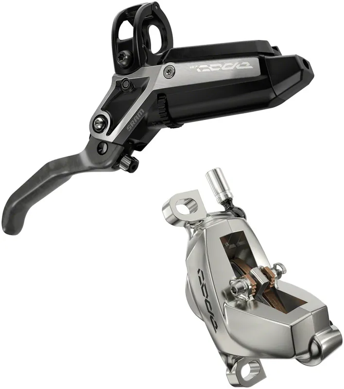 Reduced Price SRAM Code Ultimate Stealth Disc Brake and Lever - Front Post Mount 4-Piston Carbon Lever Titanium Hardware Black/Silver C1