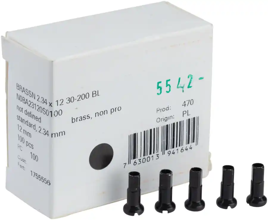 While Supplies Last DT Swiss Standard Brass Nipples: 2.34 x 12mm Black Box of 100 | Bikeparts.Com