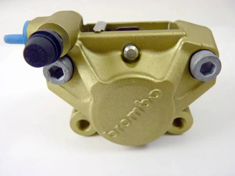 Brembo Caliper, P2 32G w/ Organic Pads Shape S, Cast 2-Piece, 84mm Axial Mount, Right, Rear, Gold Clearance