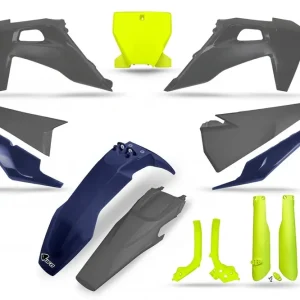 UFO Plastics Kit Grey/Blue/Yellow w/Fork Sliders & Frame Guards for Hu Direct From Factory