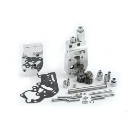 Authentic Jims Flow Pro 1 Billet Oil Pump Complete Assembly In Polished With Bottom Feed And Return Oil Lines For 73-91 Big Twins (1755)