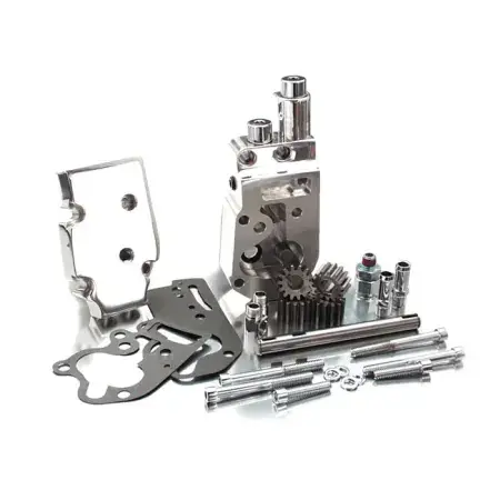 Final Sale Jims Flow Pro 1 Billet Oil Pump Complete Assembly In Polished With Bottom Feed And Return Oil Lines For 92-99 Big Twins (1753)