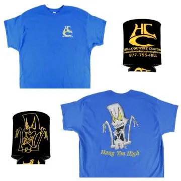 Limited Edition Hill Country Custom Cycles 3X-Large Blue Logo T-Shirt with Black Koozie set
