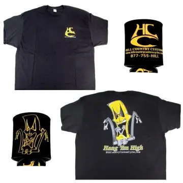 Hill Country Custom Cycles Large Black Logo T-Shirt with Black Koozie set Get Yours
