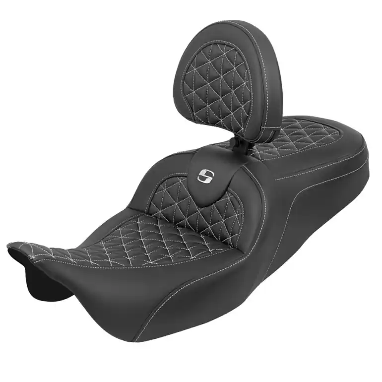 2008-2024* FLHR FLHT FLHX & FLTR Std. Reach Roadsofa™ Tri-Gripper Seat w/Drivers Backrest White Stitching Don’t Miss Out