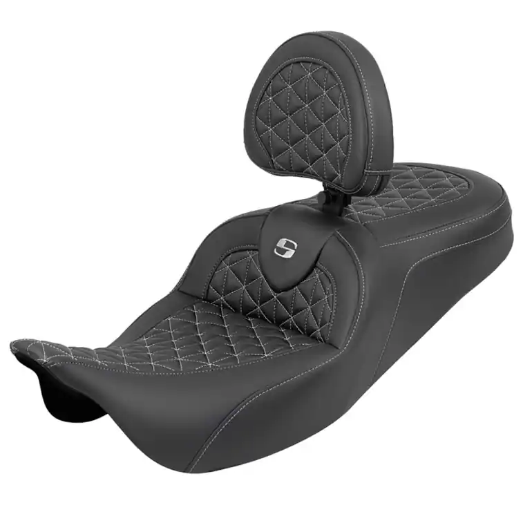 2008-2024* FLHR FLHT FLHX & FLTR Std. Reach Roadsofa™ Tri-Gripper Seat w/Drivers Backrest Silver Stitching Authentic
