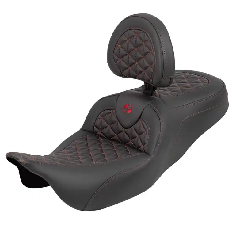 2008-2024* FLHR FLHT FLHX & FLTR Std. Reach Roadsofa™ Tri-Gripper Seat w/Drivers Backrest Red Stitching In Demand