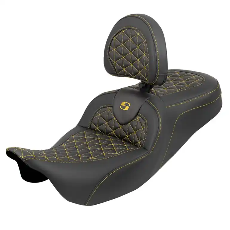 2008-2024* FLHR FLHT FLHX & FLTR Std. Reach Roadsofa™ Tri-Gripper Seat w/Drivers Backrest Gold Stitching Final Sale