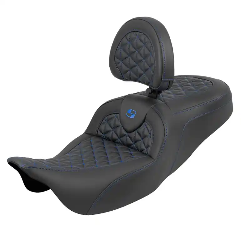Big Sale 2008-2024* FLHR FLHT FLHX & FLTR Std. Reach Roadsofa™ Tri-Gripper Seat w/Drivers Backrest Blue Stitching