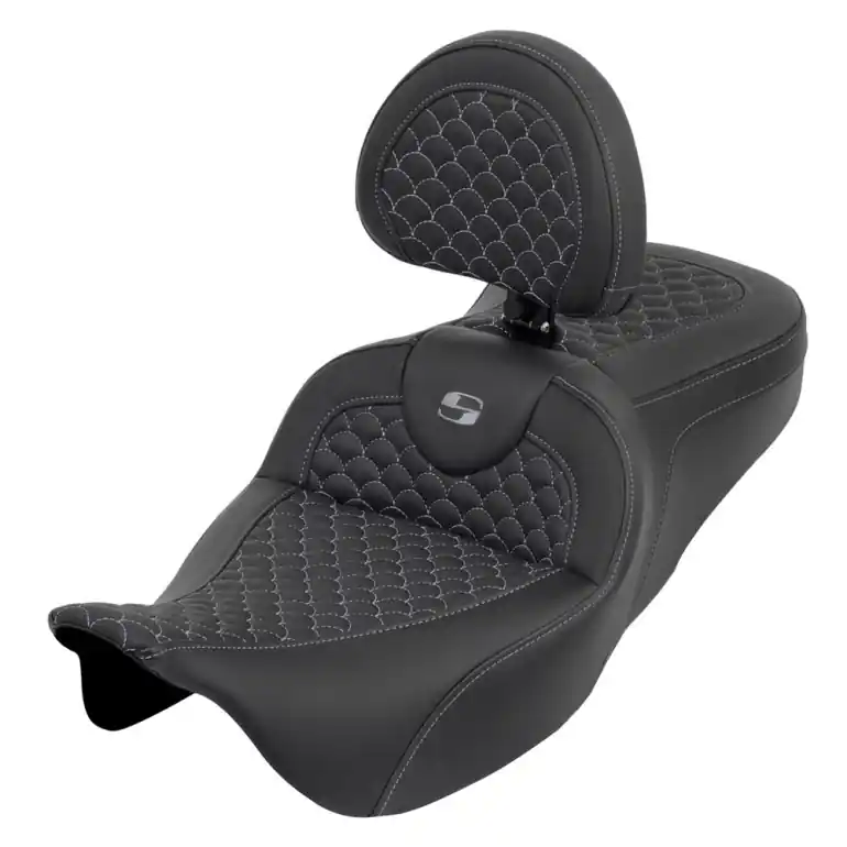Get Yours 2008-2024* FLHR FLHT FLHX & FLTR Roadsofa™ DS Seat w/Drivers Backrest Gray Stitching