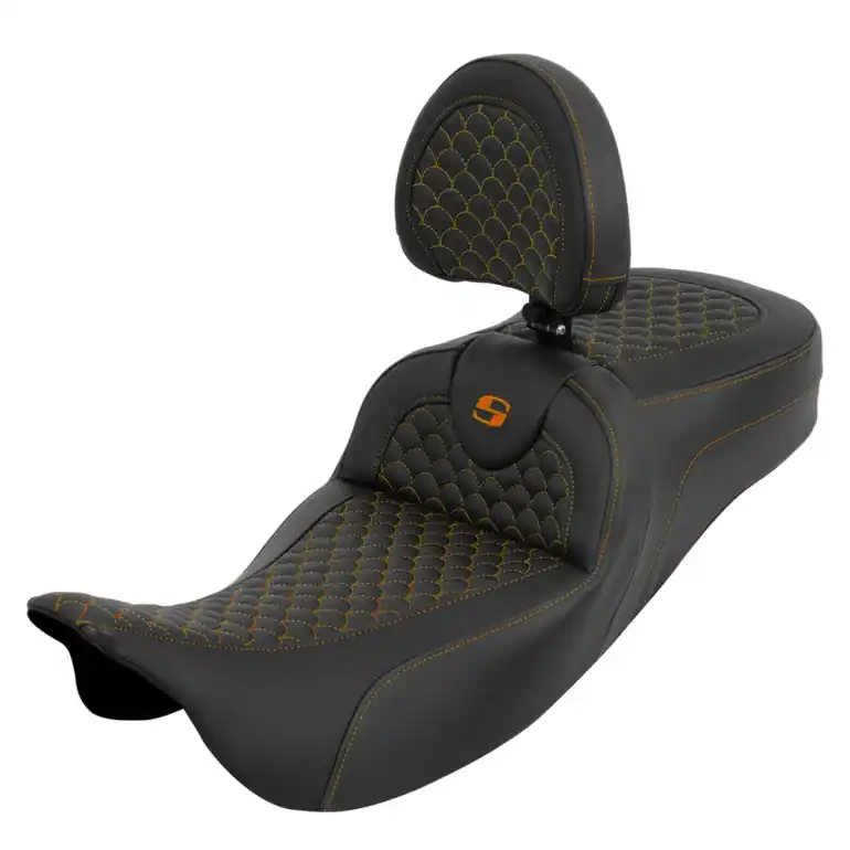 2008-2024* FLHR FLHT FLHX & FLTR Roadsofa™ DS Ext. Reach Seat w/ Driver's Backrest Orange Stitching Free Delivery