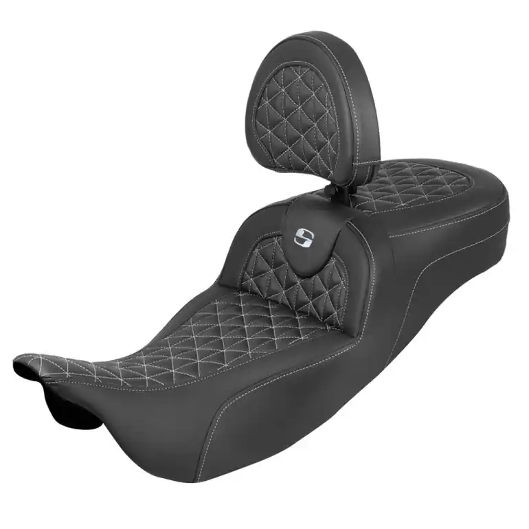 2008-2024* FLHR FLHT FLHX & FLTR Ext. Reach Roadsofa™ Tri-Gripper Seat w/ Backrest Silver Stitching Professional Grade