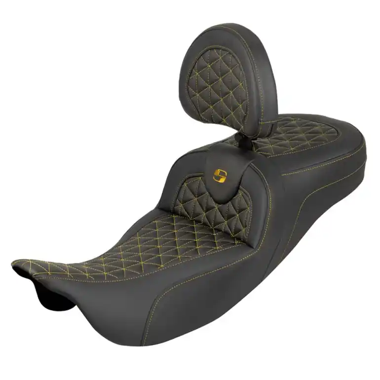 2008-2024* FLHR FLHT FLHX & FLTR Ext. Reach Roadsofa™ Tri-Gripper Seat w/ Backrest Gold Stitching Trending