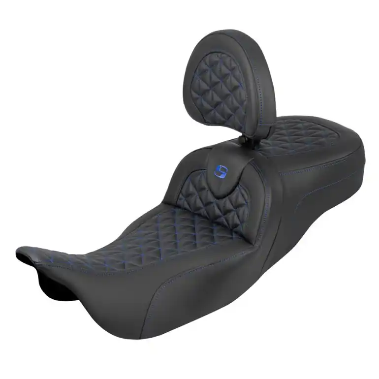 2008-2024* FLHR FLHT FLHX & FLTR Ext. Reach Roadsofa™ Tri-Gripper Seat w/ Backrest Blue Stitching Buy Today