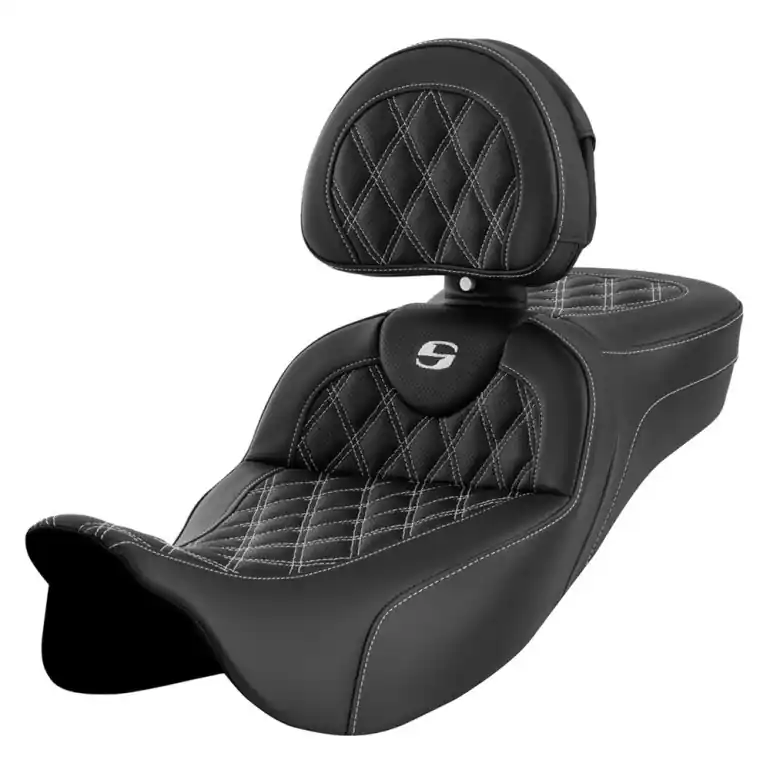 2008-2024* FLHR FLHT FLHX & FLTR Extended Reach Roadsofa™ LS Seat w/ Driver's Backrest All White Stitch Fan Favorite