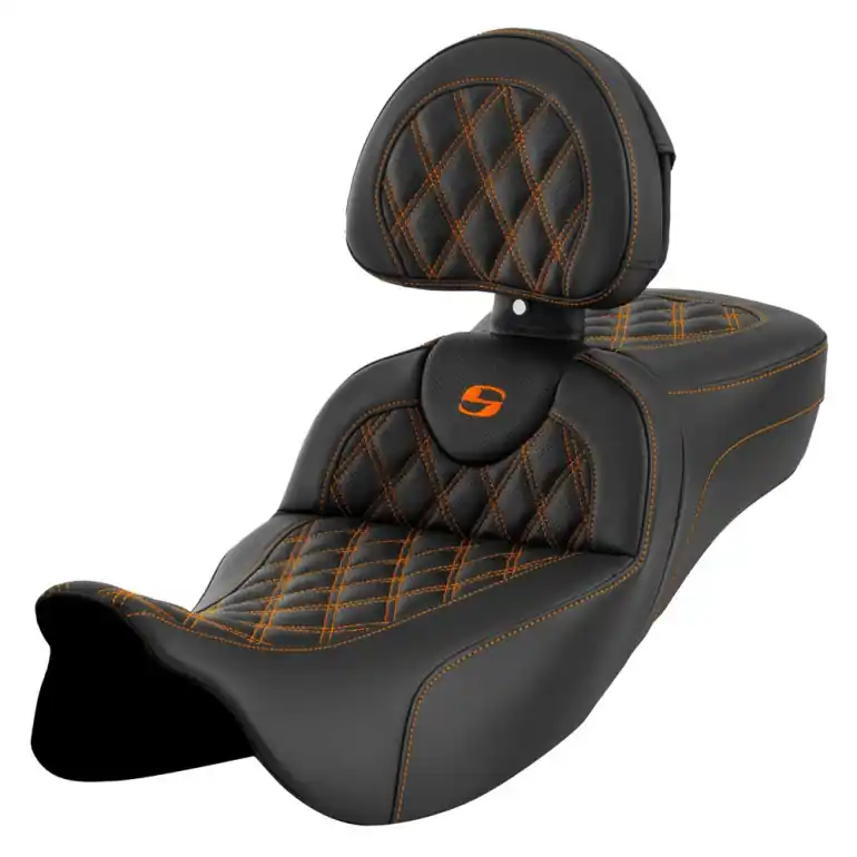 Handmade 2008-2024* FLHR FLHT FLHX & FLTR Extended Reach Roadsofa™ LS Seat w/ Driver's Backrest All Orange Stitch