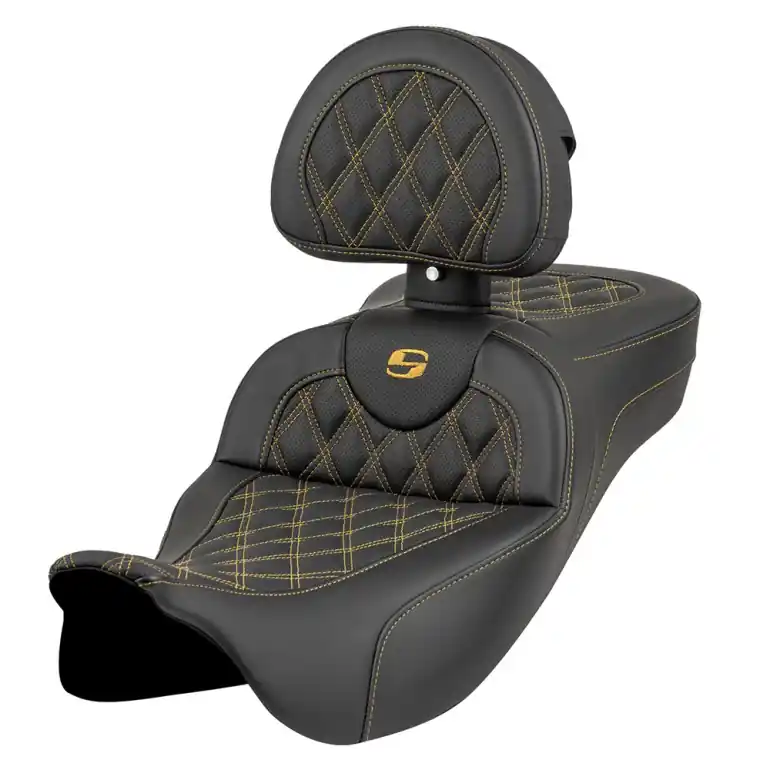 Top Rated 2008-2024* FLHR FLHT FLHX & FLTR Extended Reach Roadsofa™ LS Seat w/ Driver's Backrest All Gold Stitch