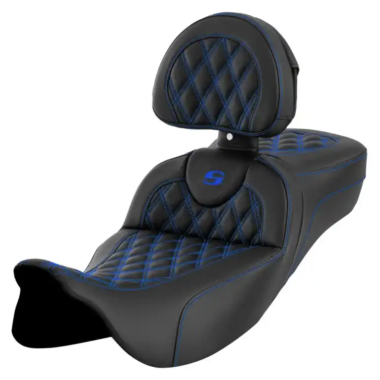 Shop Now 2008-2024* FLHR FLHT FLHX & FLTR Extended Reach Roadsofa™ LS Seat w/ Driver's Backrest All Blue Stitch