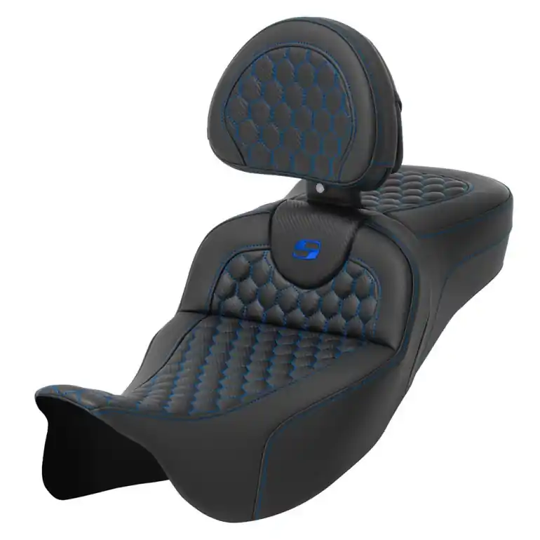 2008-2024* FLHR FLHT FLHX & FLTR  RoadSofa™ HC Ext. Reach Seat w/Drivers Backrest Blue Stitch Modern